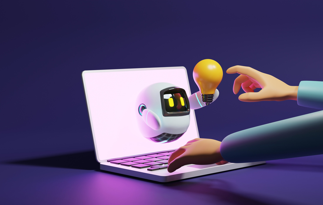 User hand touching cute robot light bulb through laptop on purpl